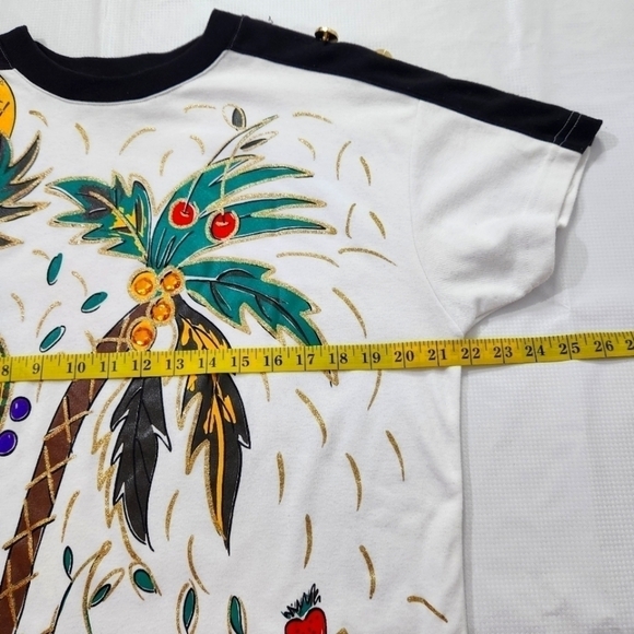 Vintage 80s Adolfo Sport Casual VacationDress Shoulder Pads Fruit Palm Trees - Picture 5 of 10